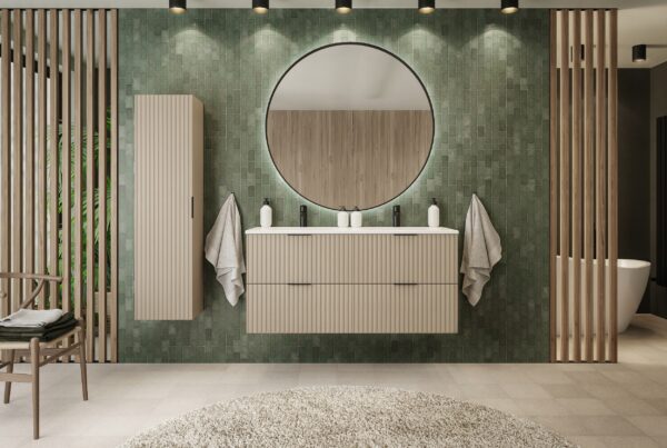 Szafka z podwójną umywalką wisząca ryflowana FLOW 120 cm kaszmir